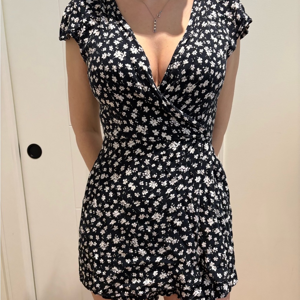 Brandy Melville Black Floral Wrap Romper